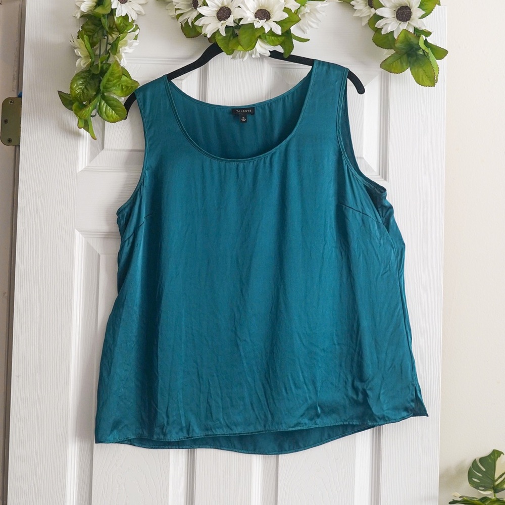 Talbots 100% Silk Teal Green Sleeveless Blouse Scoop Neck Flowy Women's size 16